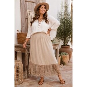 Super Cute Chico's LINEN Boho Festival Fringe Midi Skirt Stretch Waist 2 Plus